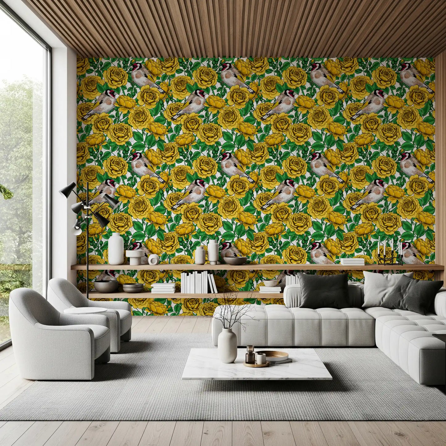 Golden Roses & Goldfinches Wallpaper⁠