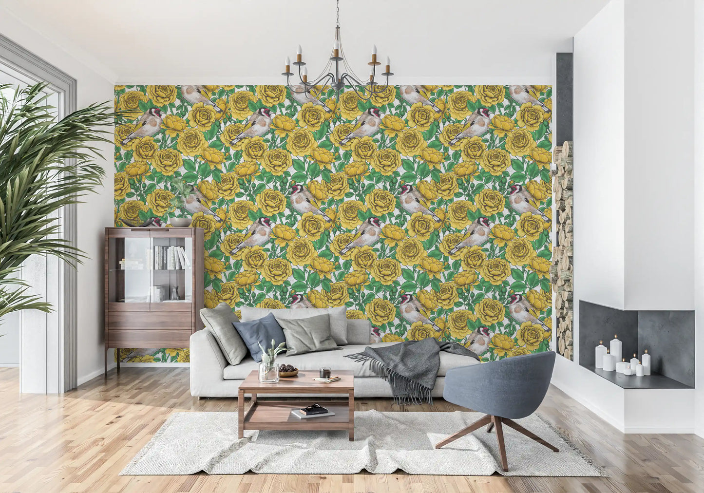 Golden Roses & Goldfinches Wallpaper⁠