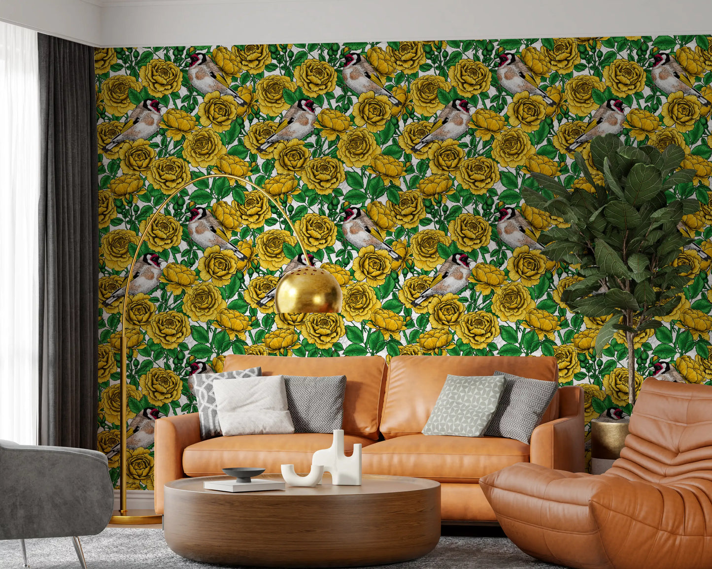 Golden Roses & Goldfinches Wallpaper⁠