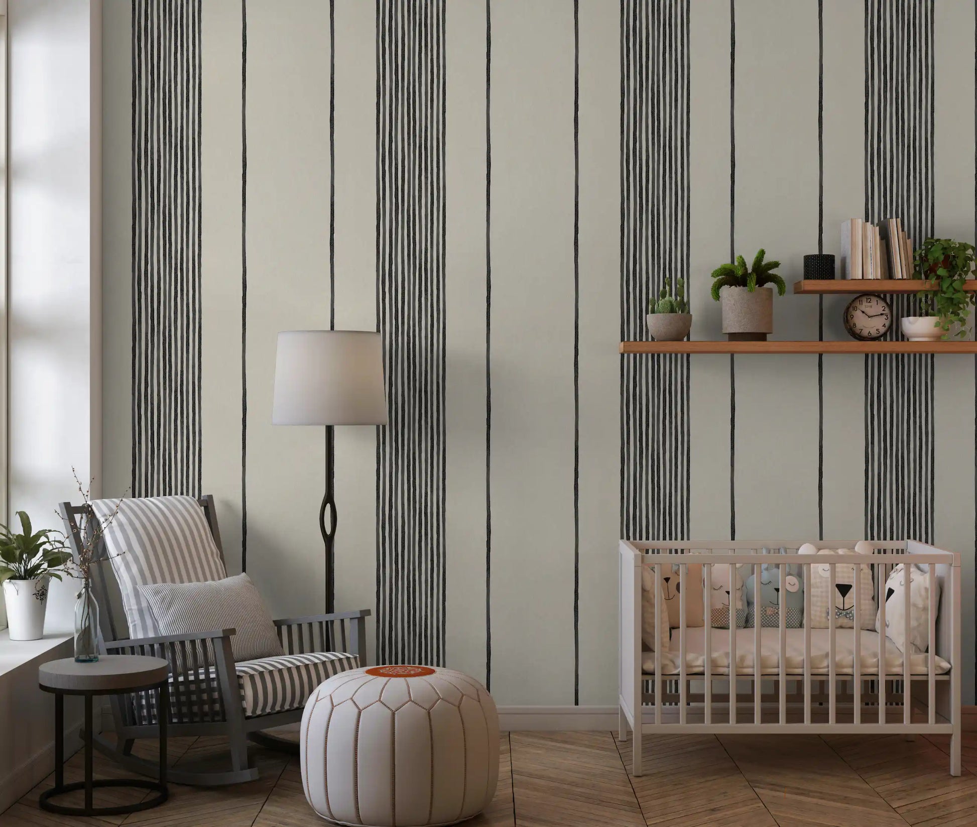 Open Nursery area carrying the striped linen wallpaper across a single span
