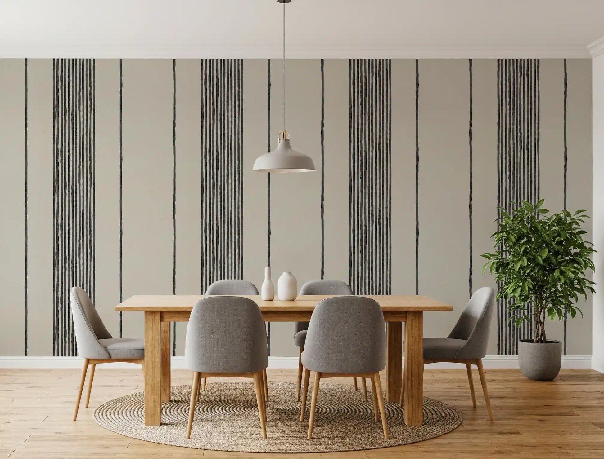 Dining nook lined with the Artisanal Striped Linen Wallpaper in muted beige and black