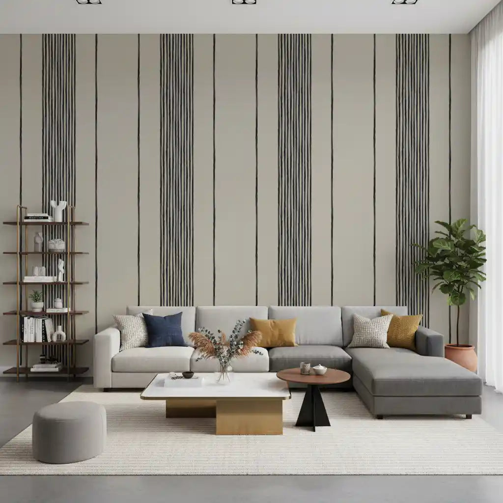Living room feature stretch styled in the striped linen wallpaper, beige