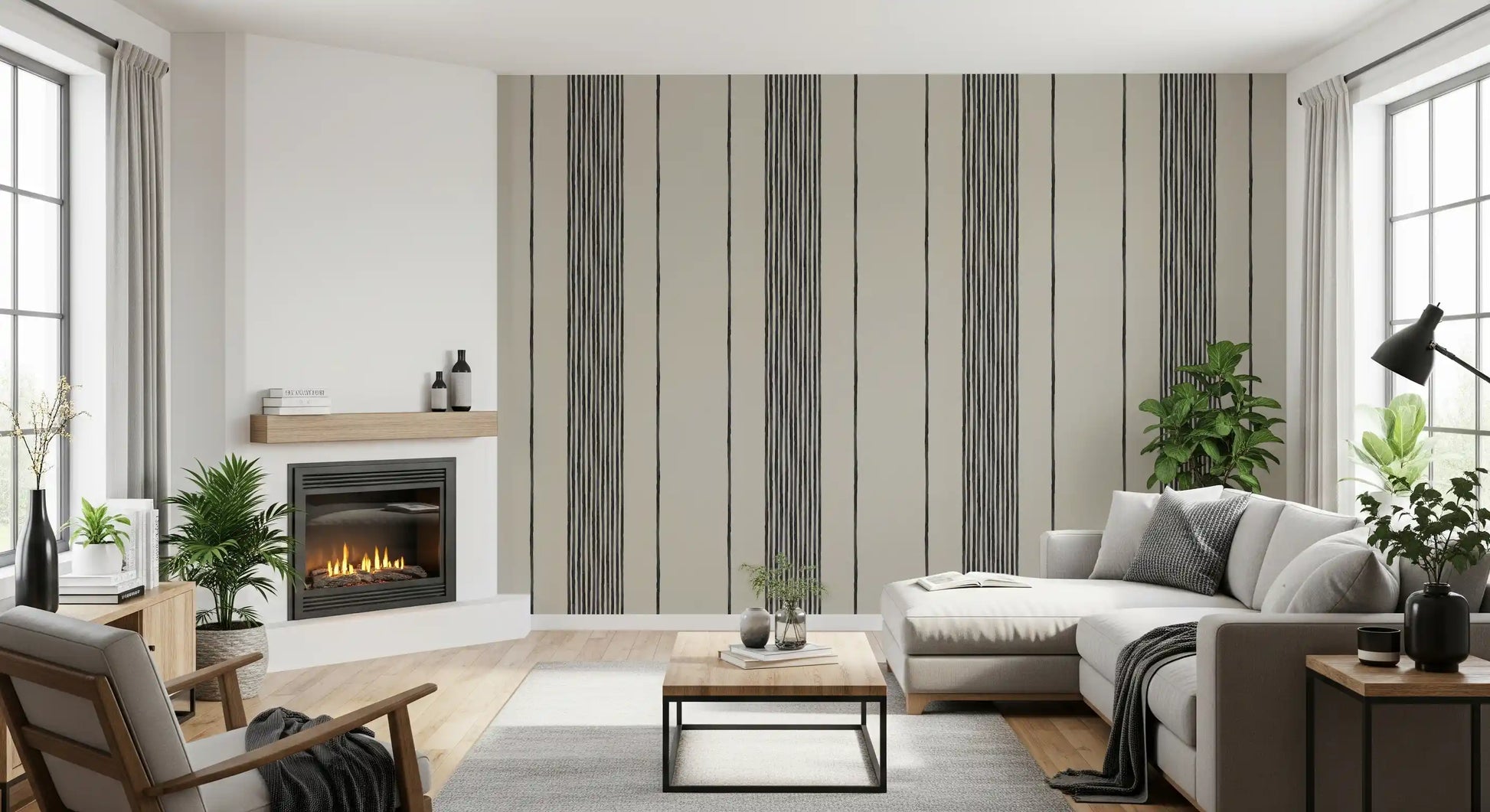 Vertical stripe rhythm reads tactile across the striped linen wallpaper repeat