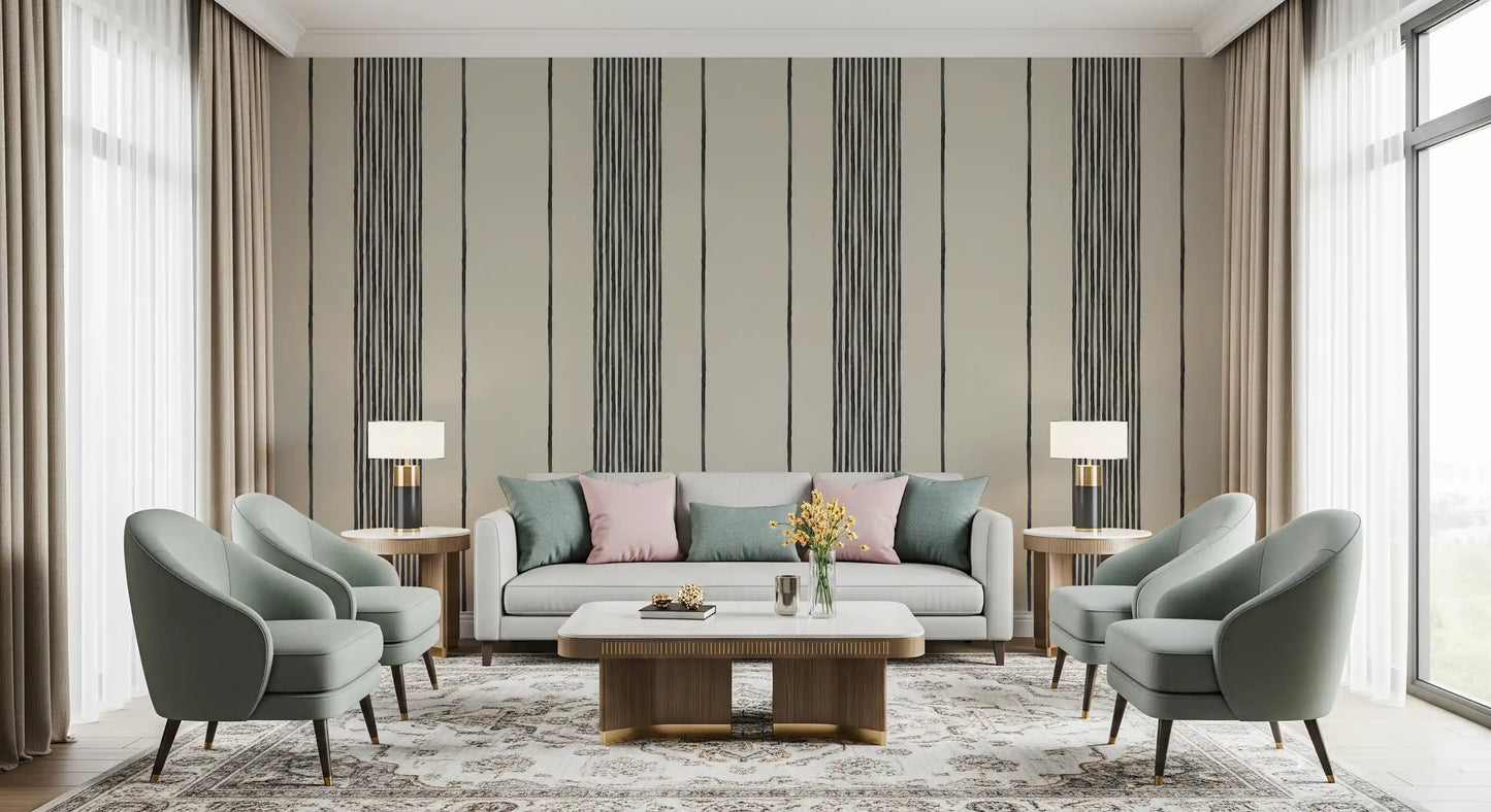 Beige linen-look ground meets clustered black lines in the Artisanal Striped Linen Wallpaper