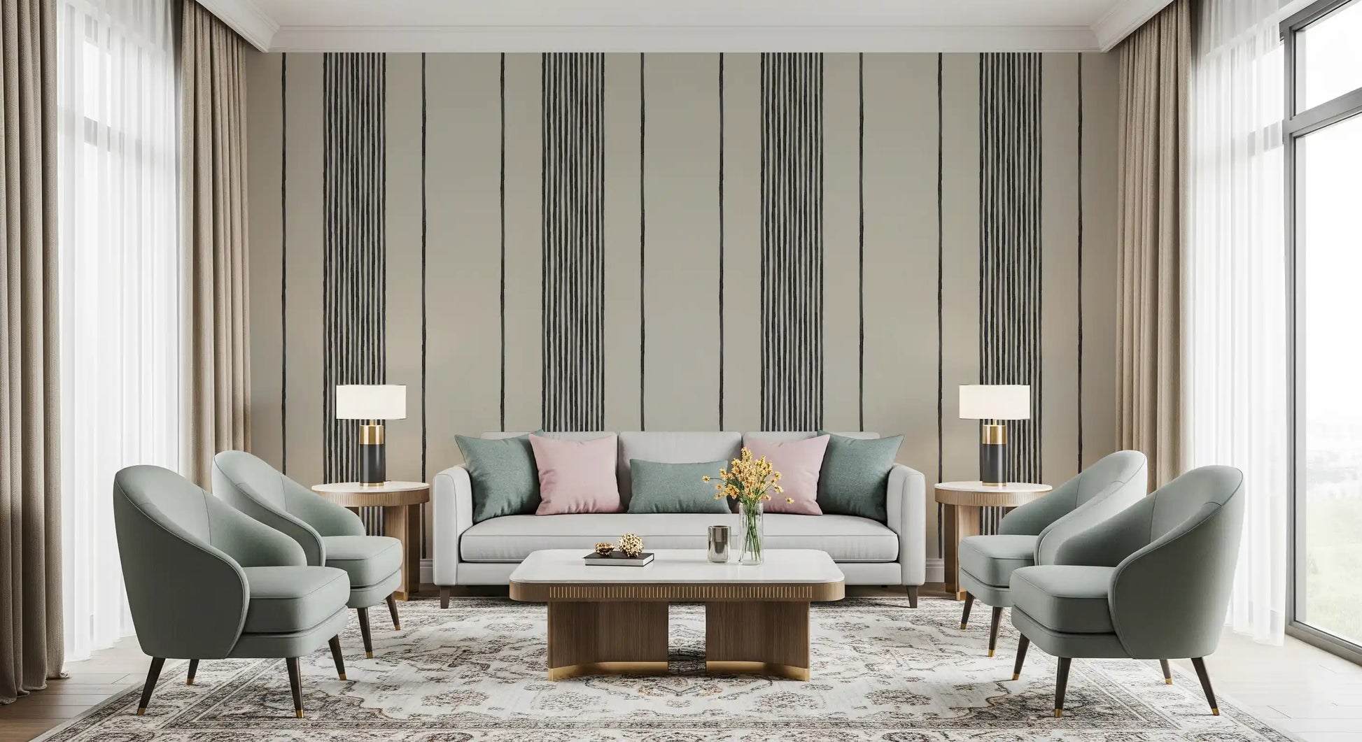 Beige linen-look ground meets clustered black lines in the Artisanal Striped Linen Wallpaper