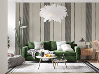 Living room corner finished in Artisanal Striped Linen Wallpaper