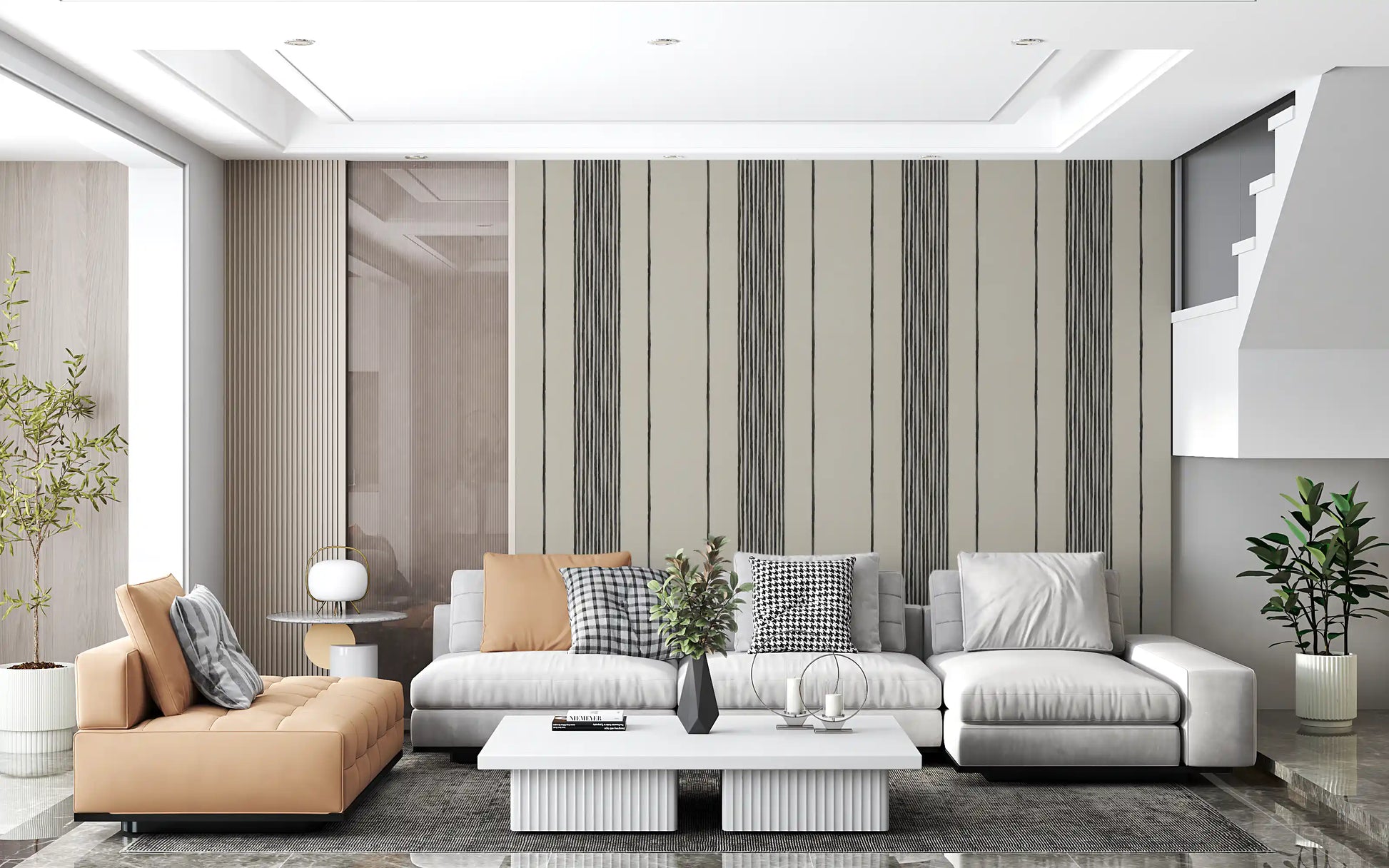 Close detail of the Artisanal Striped Linen Wallpaper showing painterly charcoal bands