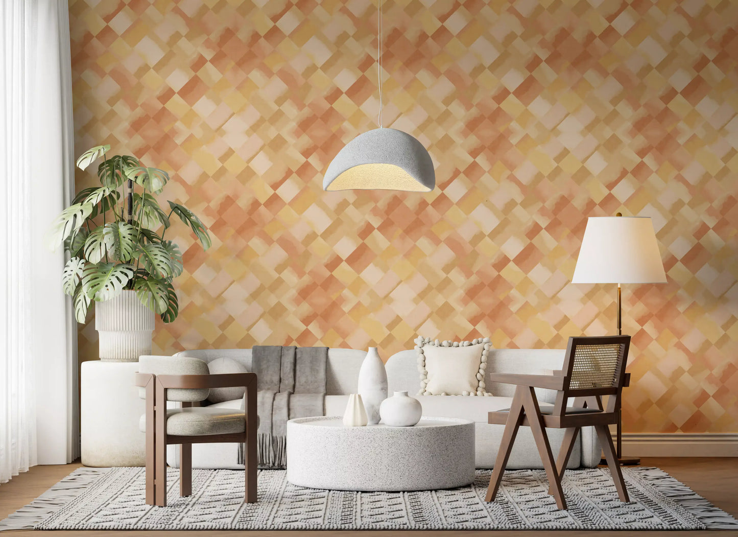 gold and cream shades round out the lounge with Sunny Painted Checker wallpaper.