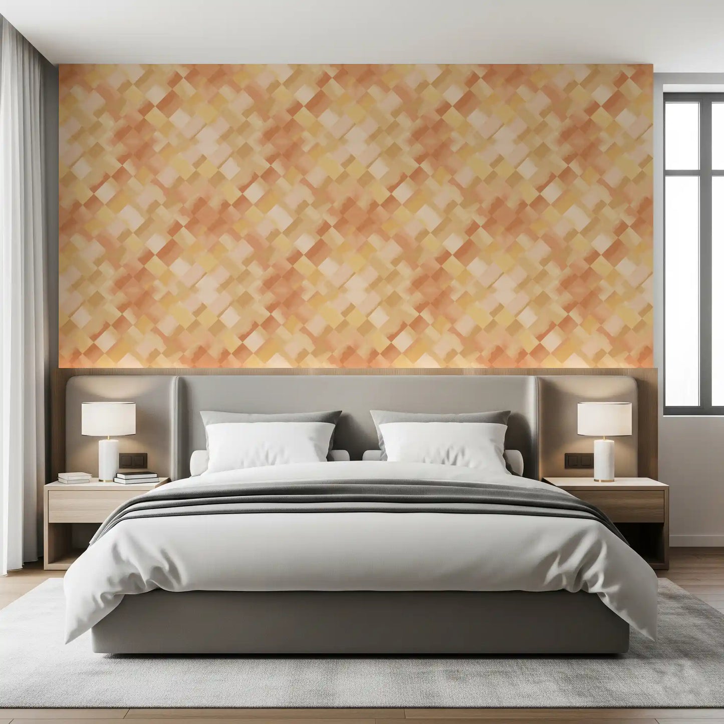 Honeyed squares set off the Bedroom with Relax Sunny Painted Checker wallpaper.