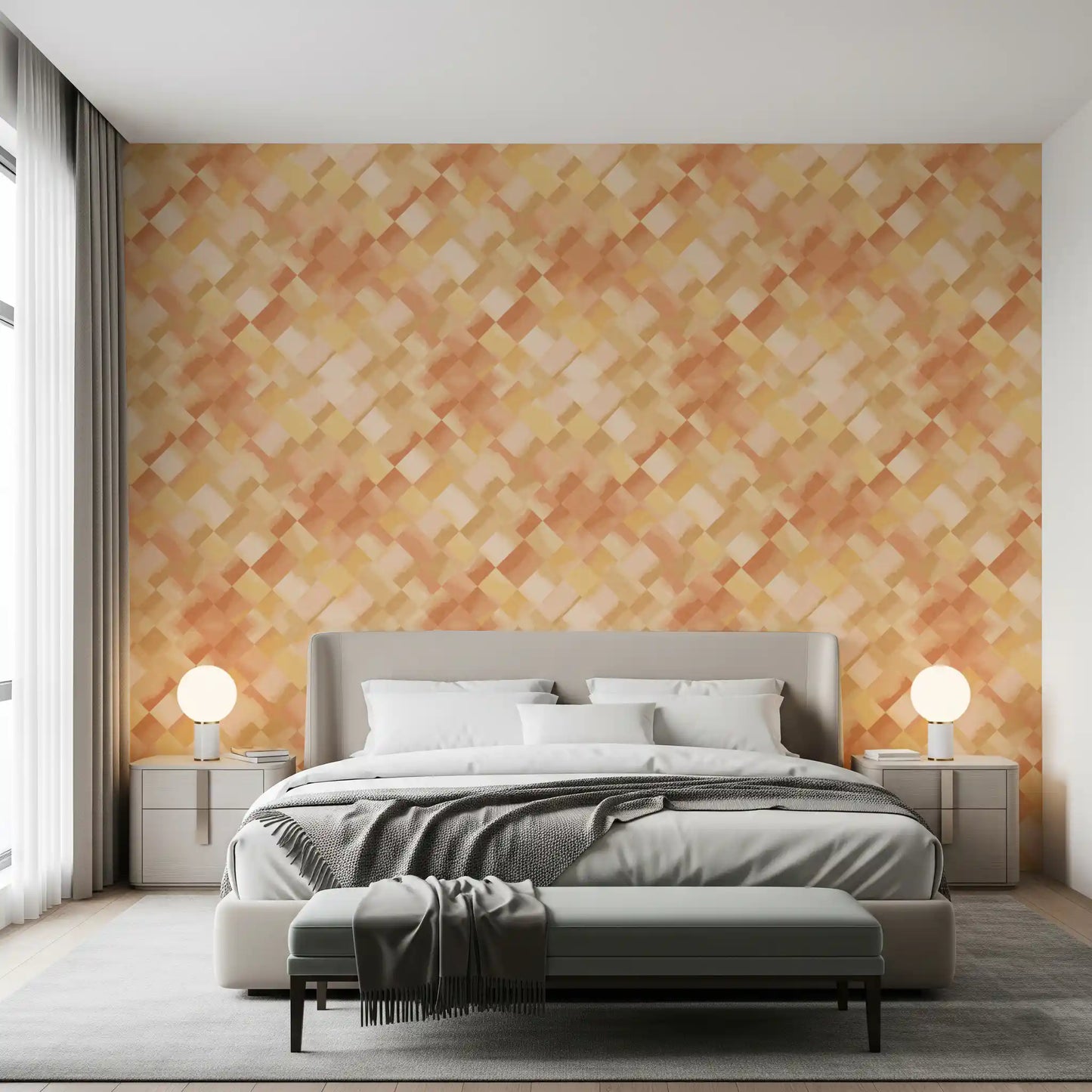 Peach, cream, gold and butter washes layer Relax Sunny Painted Checker wallpaper.