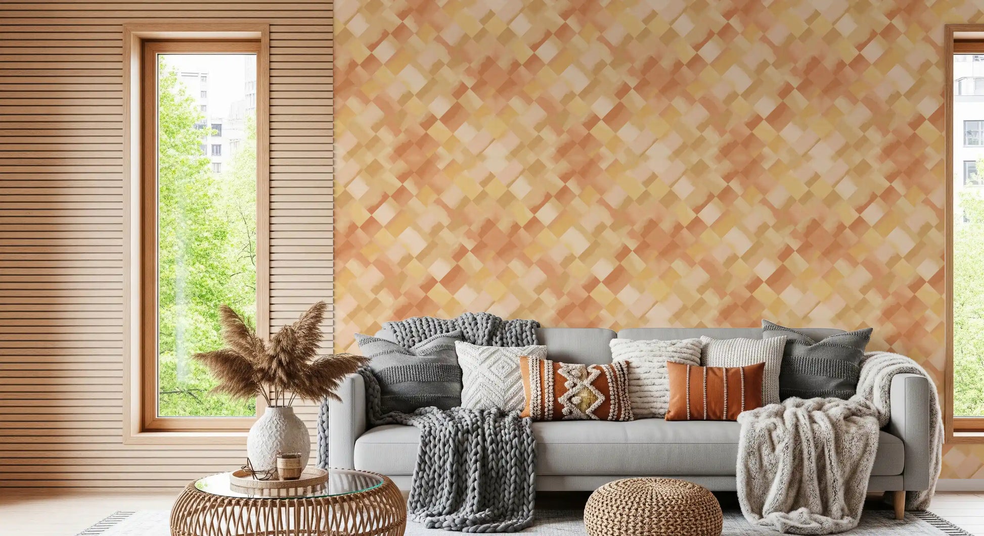 Painted Checker wallpaper spreads diamond blocks in peach and gold Living room.