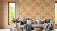 Painted Checker wallpaper spreads diamond blocks in peach and gold Living room.