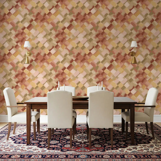 Relax Sunset Checker Wallpaper warms a dining room with and olive diamonds.