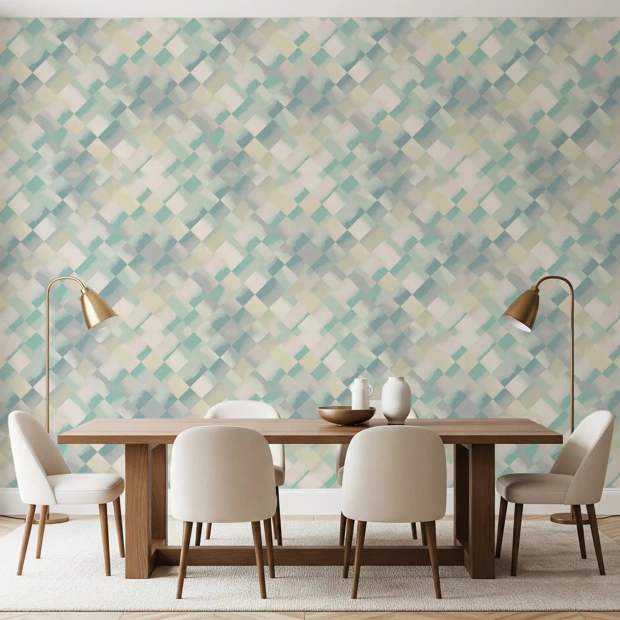 Pastel diamond pattern fills one dining room side, Relax Watery Painted Checker Wallpaper.