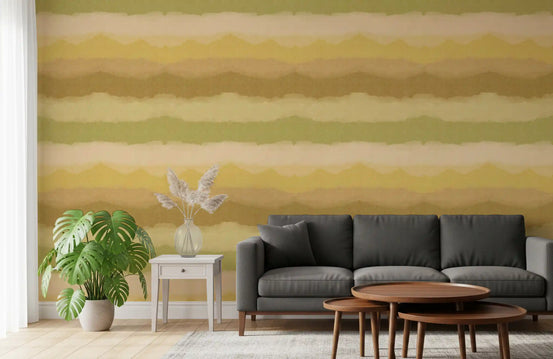 Olive, mustard and cream bands cross a living room in Painted Horizon wallpaper.