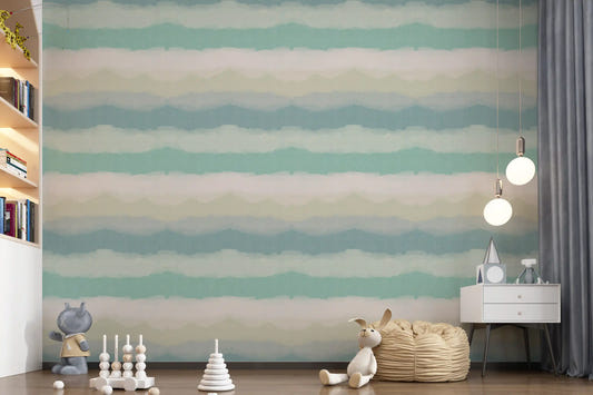 Misty watercolour bands lift behind a Nursery inside the Relax Watery Horizon wallpaper.