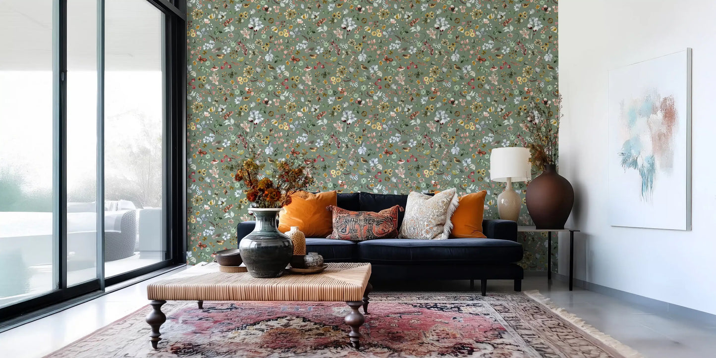 Earthy Woodland Watercolor Jade Green Wallpaper⁠