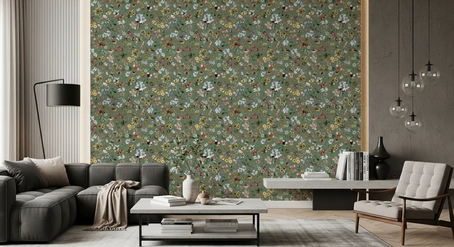 Earthy Woodland Watercolor Jade Green Wallpaper⁠