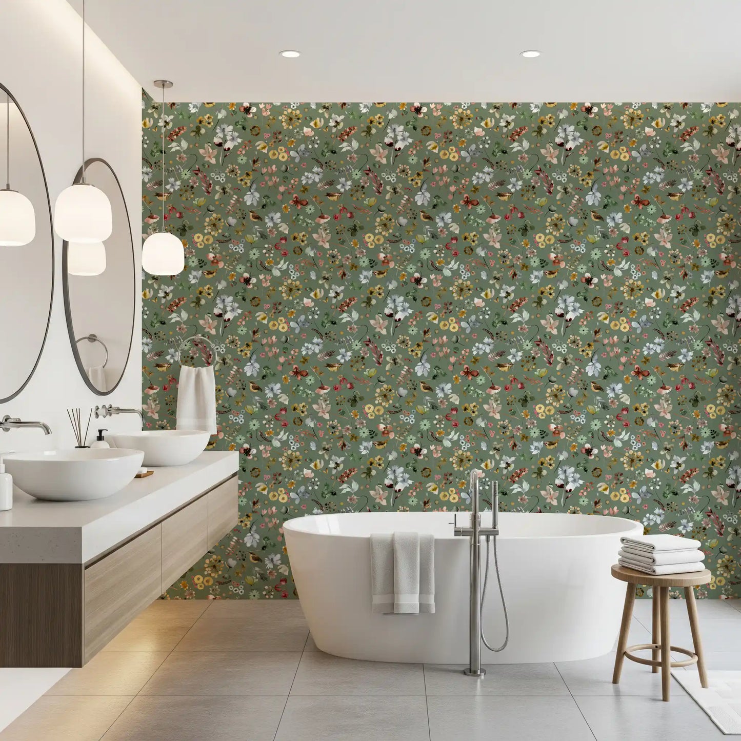Earthy Woodland Watercolor Jade Green Wallpaper⁠