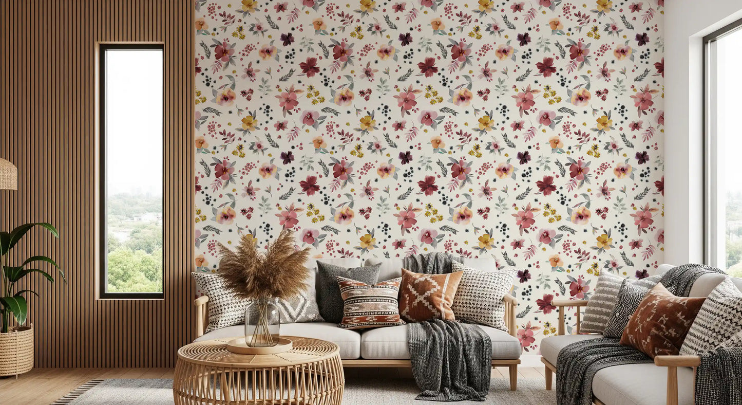 Living room backdrop where the Soft Floral wallpaper lifts a warm cream palette.