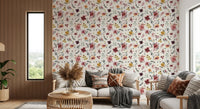 Living room backdrop where the Soft Floral wallpaper lifts a warm cream palette.