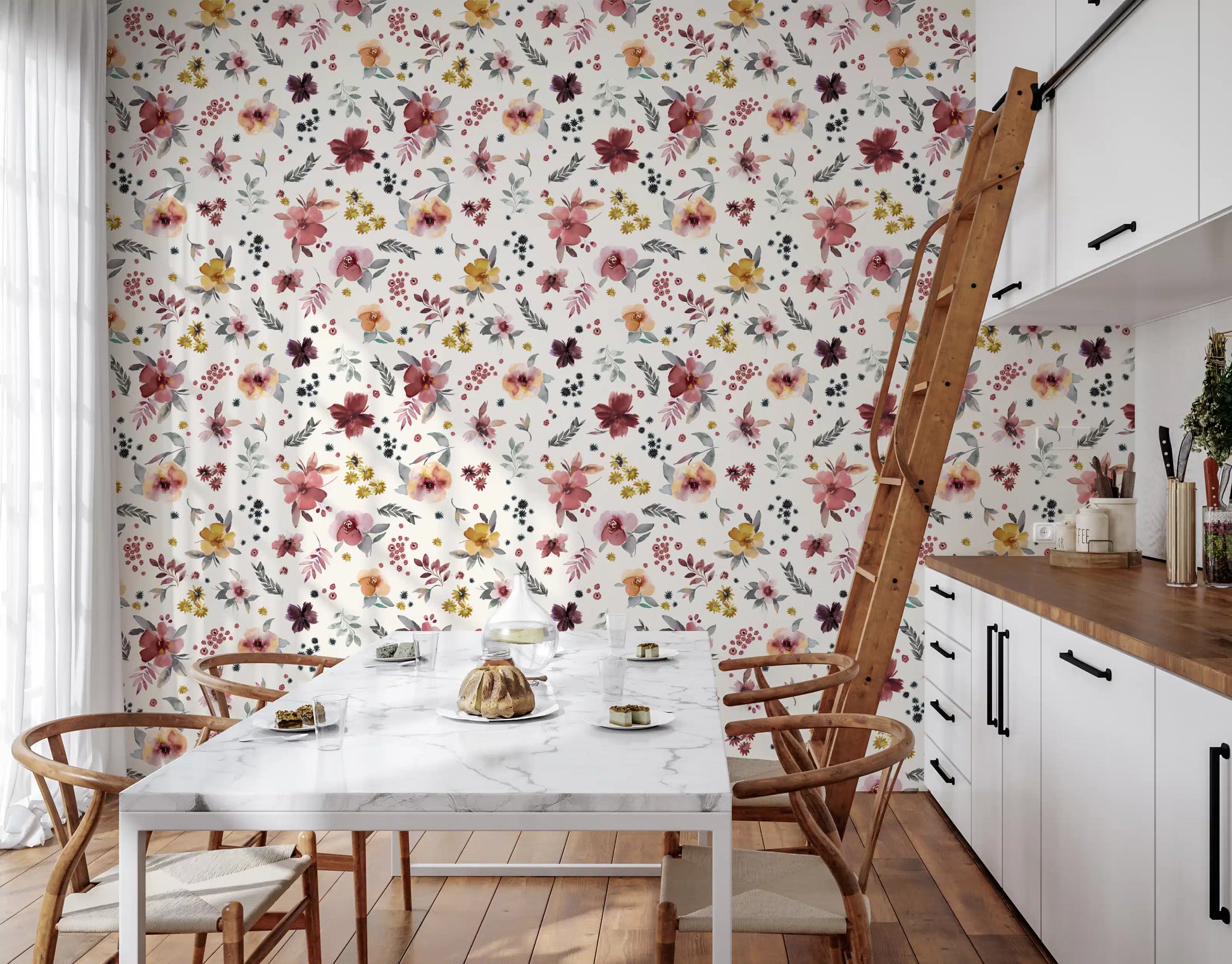 Sage leaves frame each cluster on the Floral Countryside wallpaper for a botanical mix.