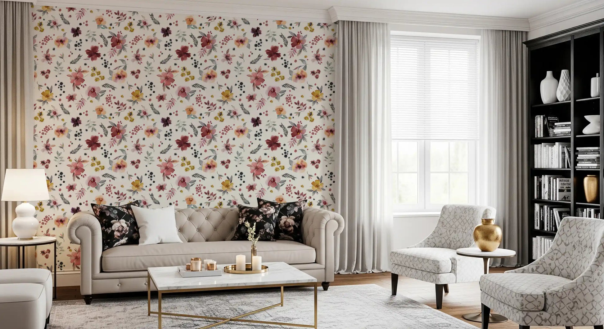 Cream tones pair with the Soft Floral Countryside wallpaper for an entryway moment.
