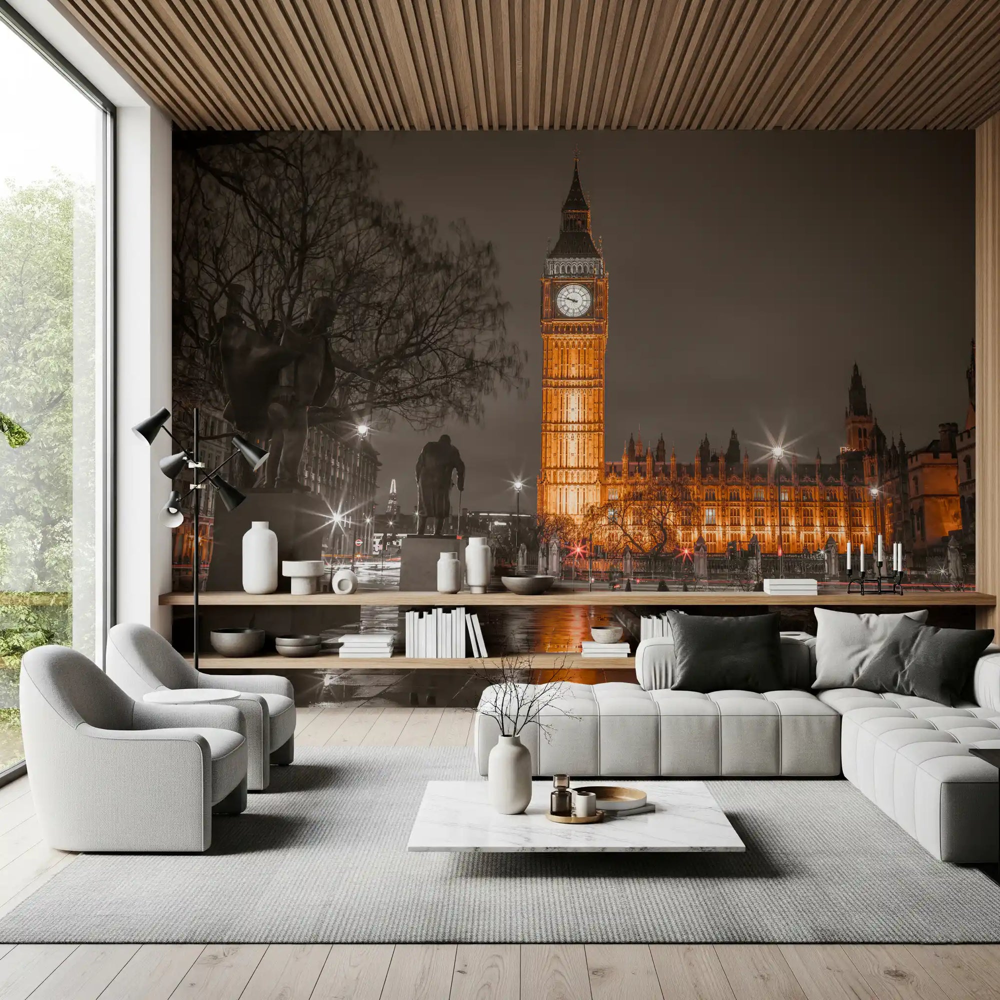 Westminster Ember Glow wall mural opens the living room with a warm London night look.