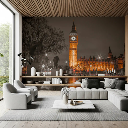 Westminster Ember Glow wall mural opens the living room with a warm London night look.