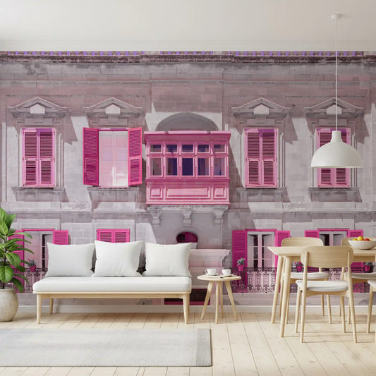 Pink shuttered facade fills the Dining room via this Amsterdam city wall mural.