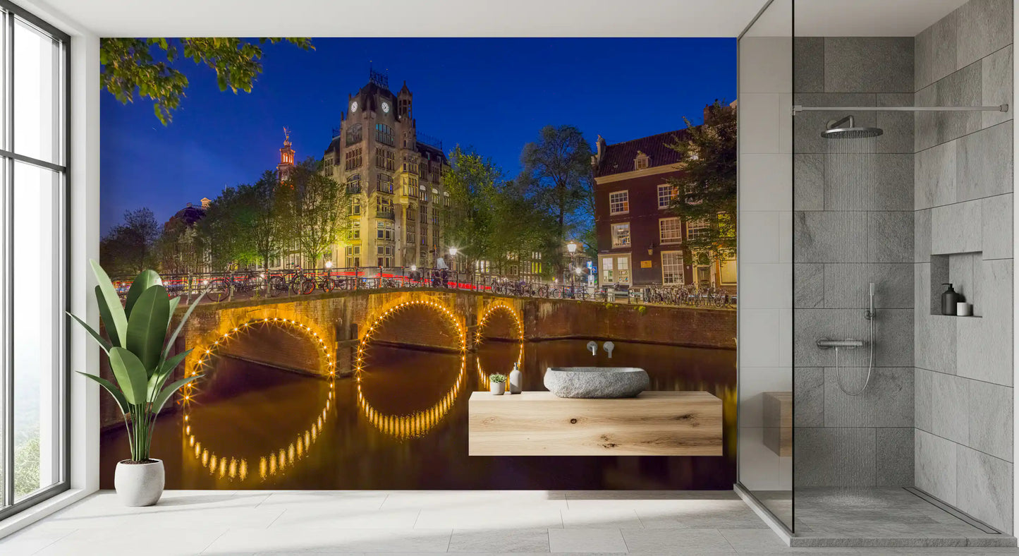 Canal through Amsterdam city Wall Mural