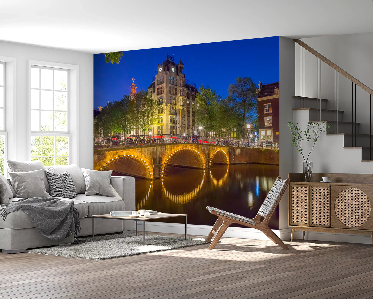 Canal through Amsterdam city Wall Mural
