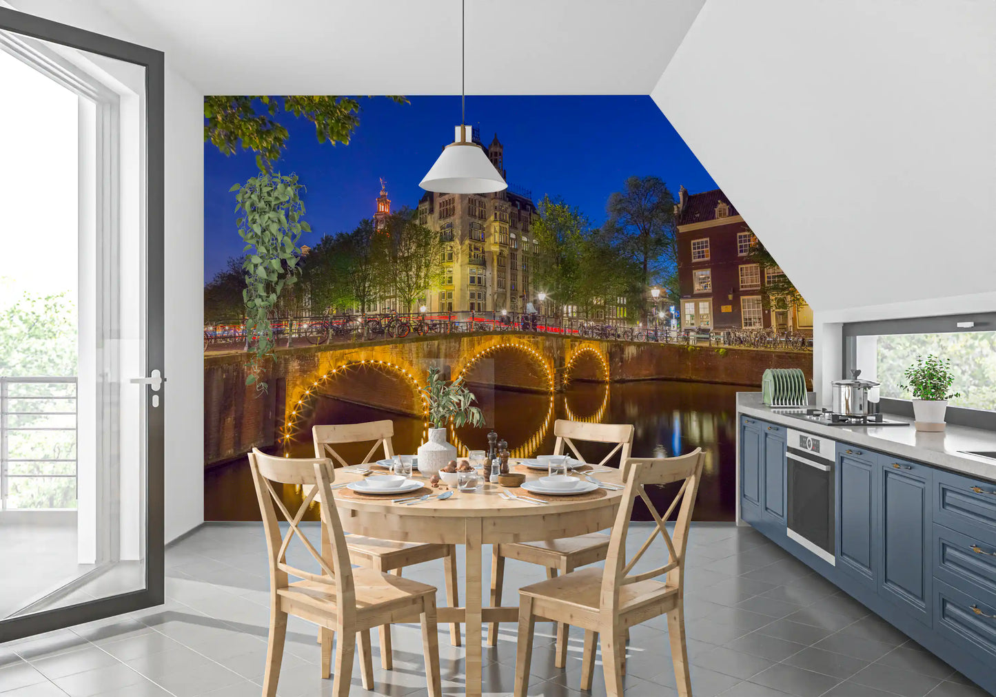 Canal through Amsterdam city Wall Mural