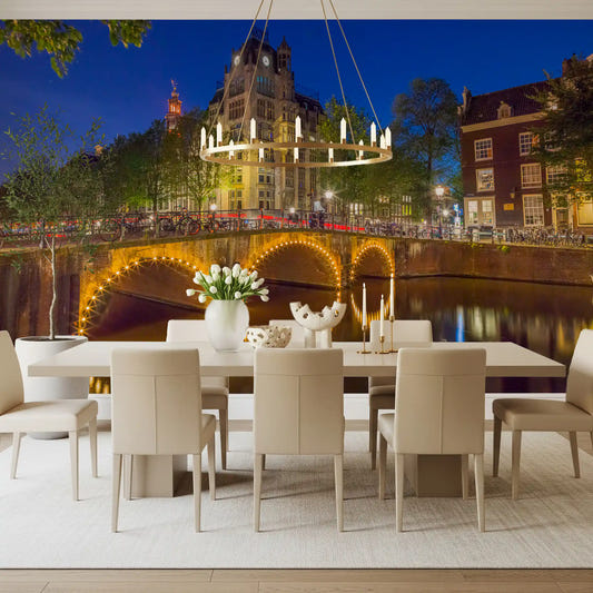 Dining room gets a Canal through Amsterdam city wall mural along the long feature side.