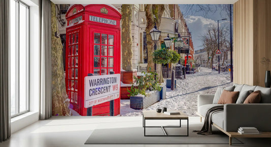 Snowy Maida Vale wall mural fills a quiet Living room with winter London calm.