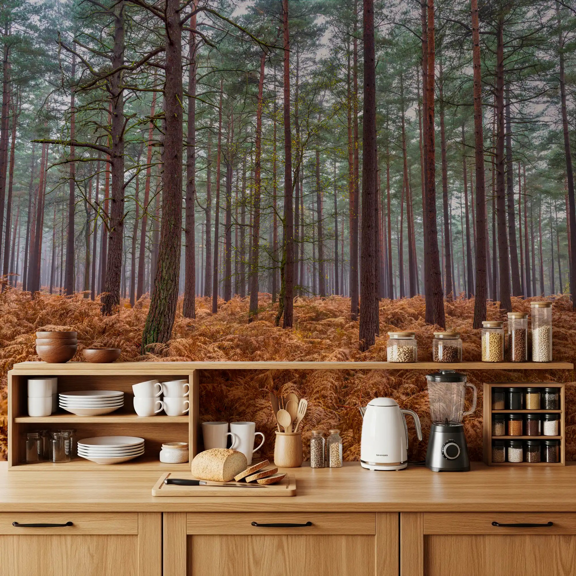 Kitchen leads the Pine Woods Ember Ferns wall mural into a foggy backdrop.