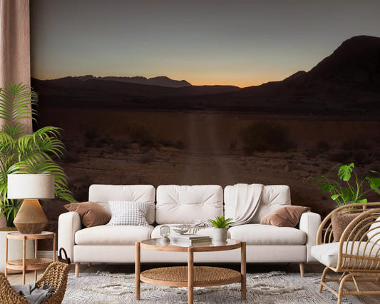 Desert trail wall mural with layered hills and warm dawn tones