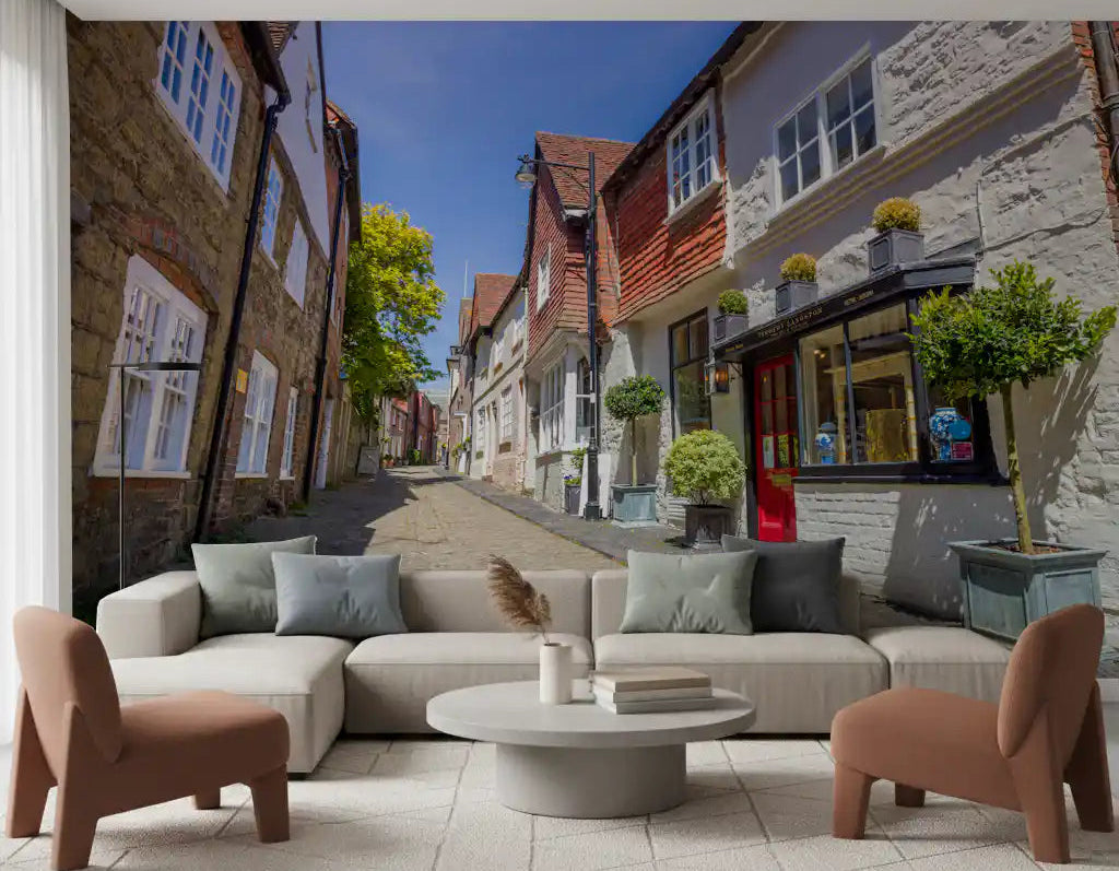 European cobbled lane wall mural with historic stone buildings