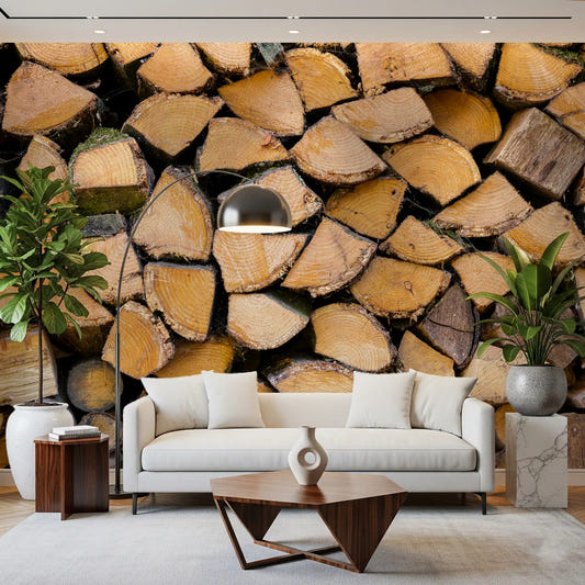 Rustic wood stack wall mural with natural timber textures