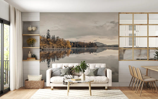 Autumn lake wallpaper featuring golden foliage and reflections