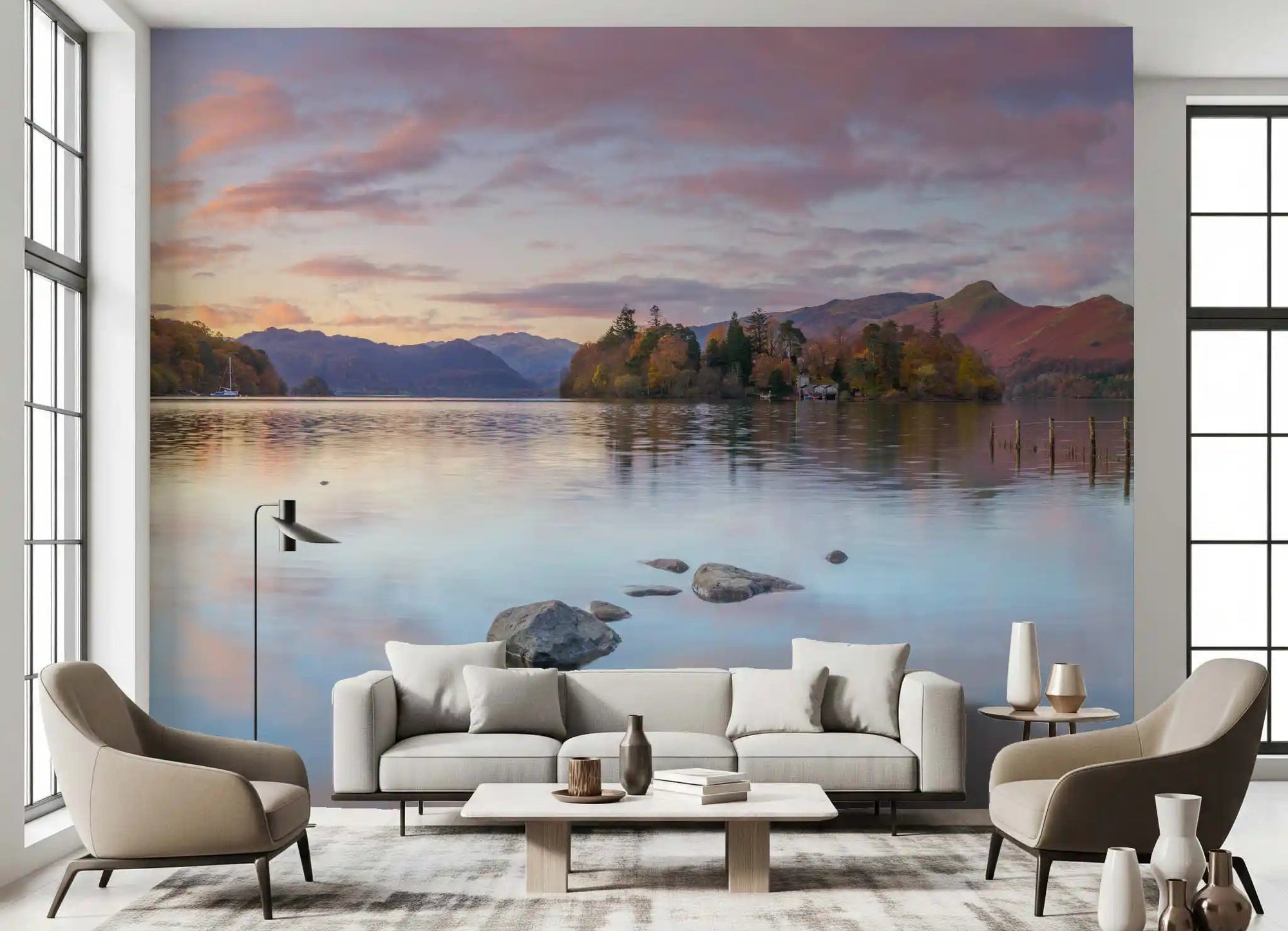 Autumn lakeside wall mural with golden trees and reflections