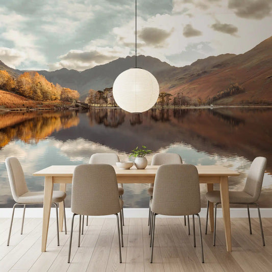 Autumn lake wall mural with golden trees and reflections