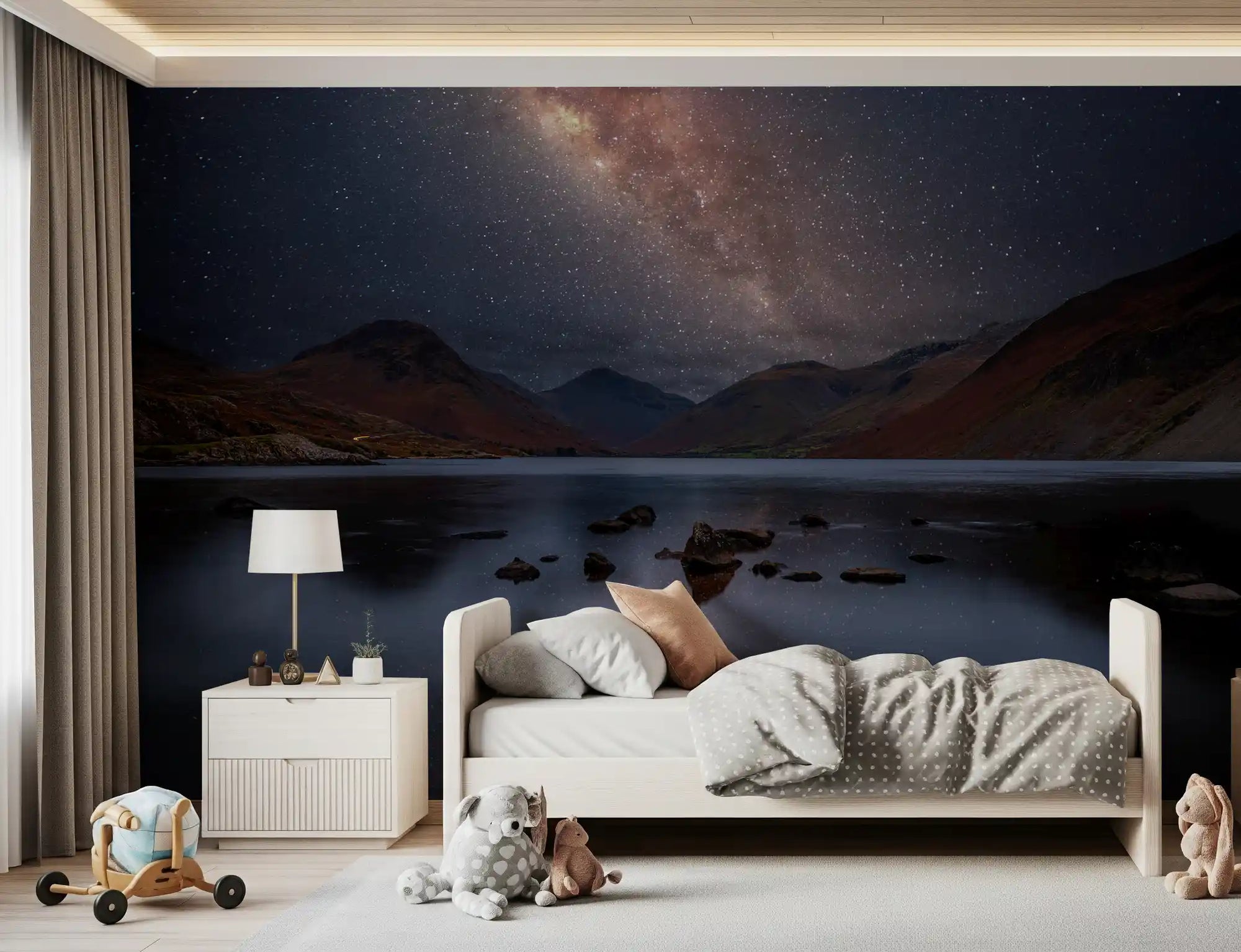 Milky Way wall mural reflected across a calm mountain lake