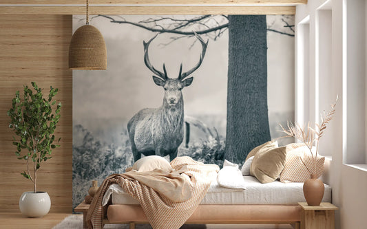 Majestic stag wall mural surrounded by peaceful woodland scenery