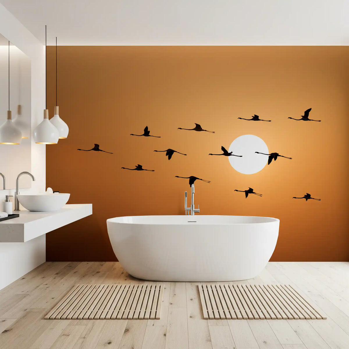 Golden horizon wall mural with birds flying across the sky