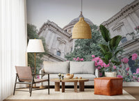 Scenic floral wall mural with roses and historic cathedral view
