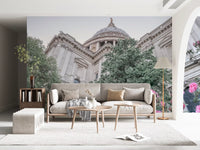 London garden wall mural featuring colourful flowers and greenery