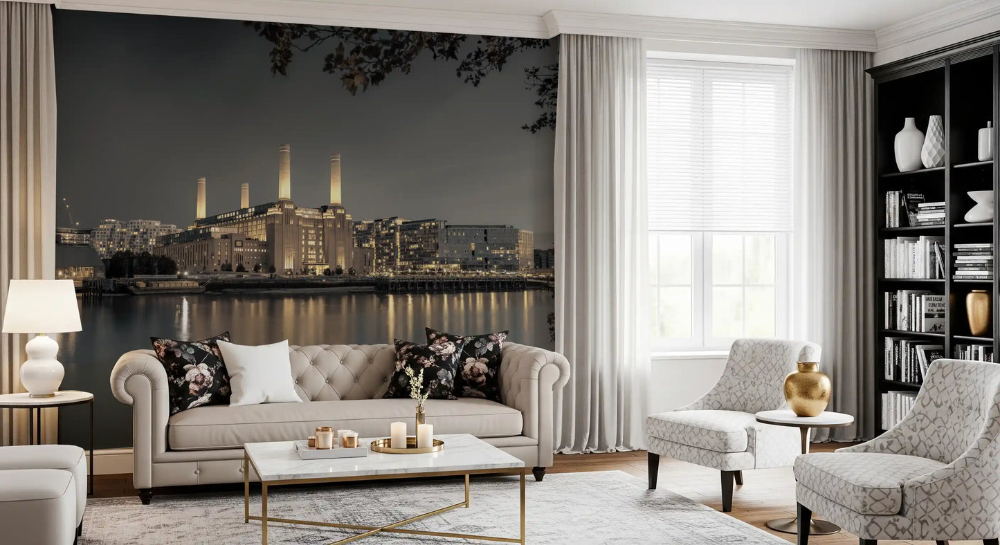Historic landmark wall mural with illuminated city atmosphere