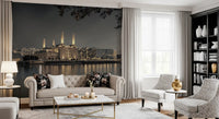 Historic landmark wall mural with illuminated city atmosphere