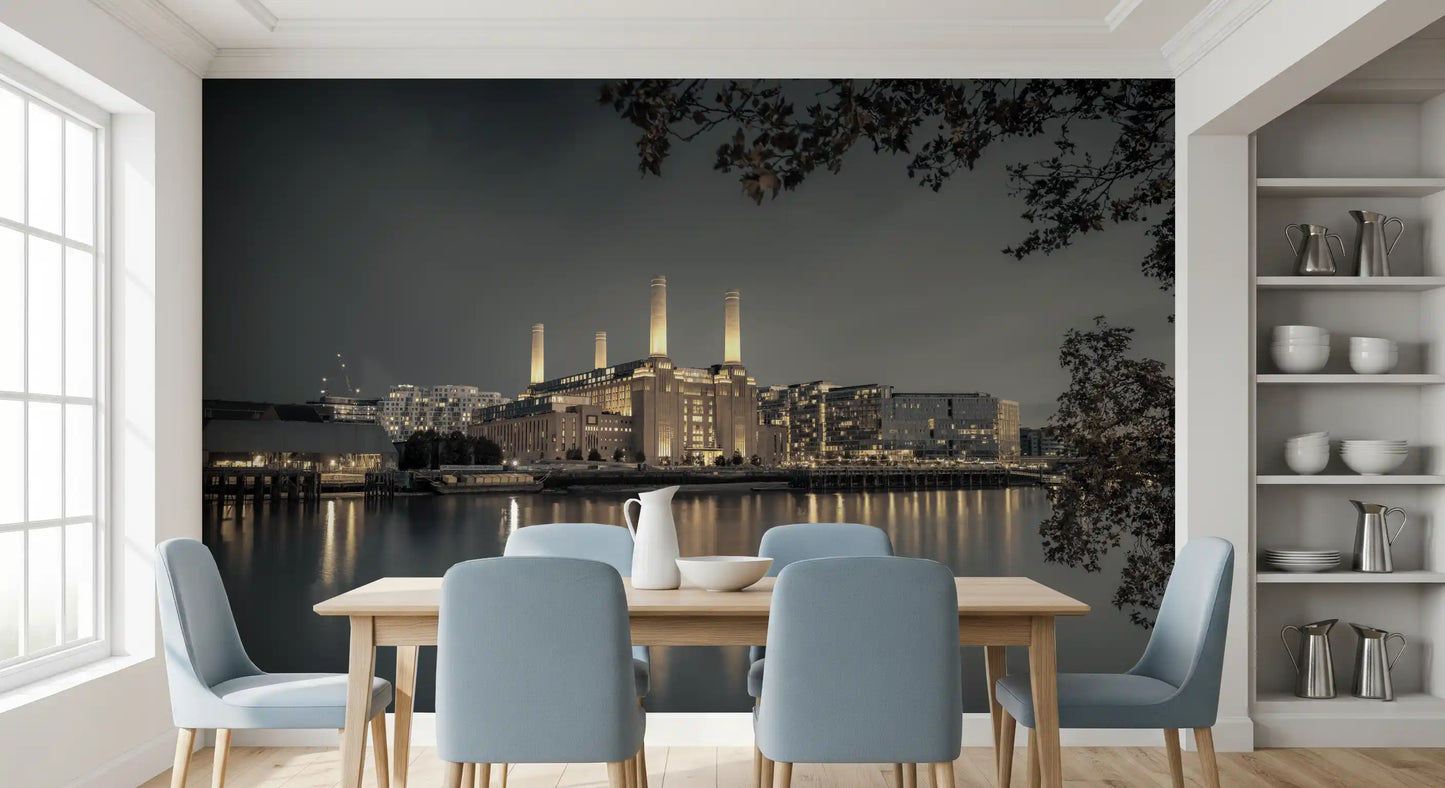 London city wall mural featuring glowing iconic architecture
